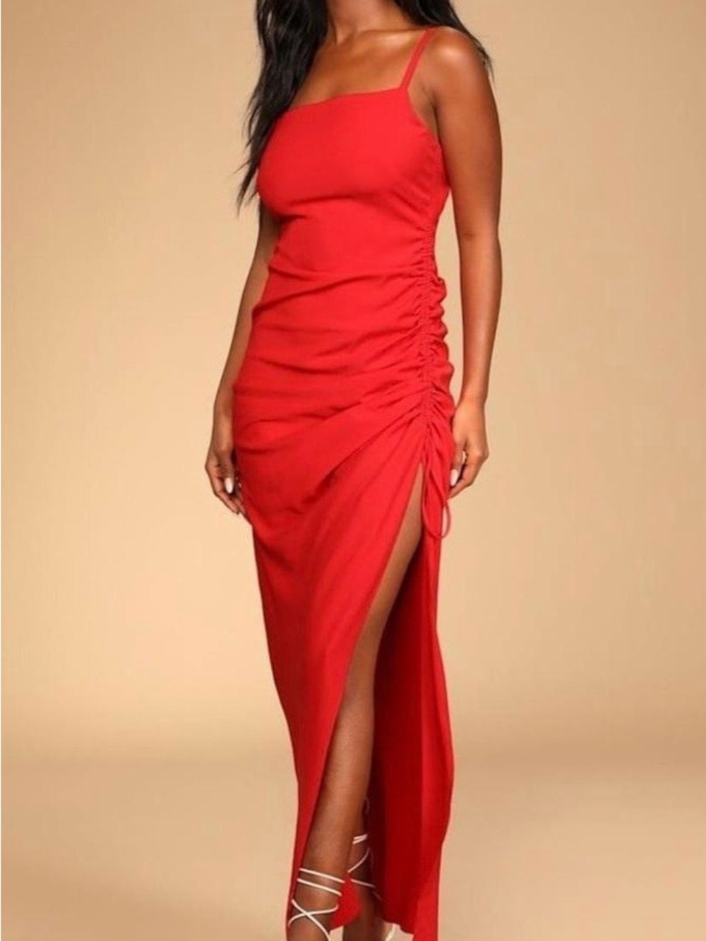 Lulu's Red Ruched Side-Slit Maxi Dress